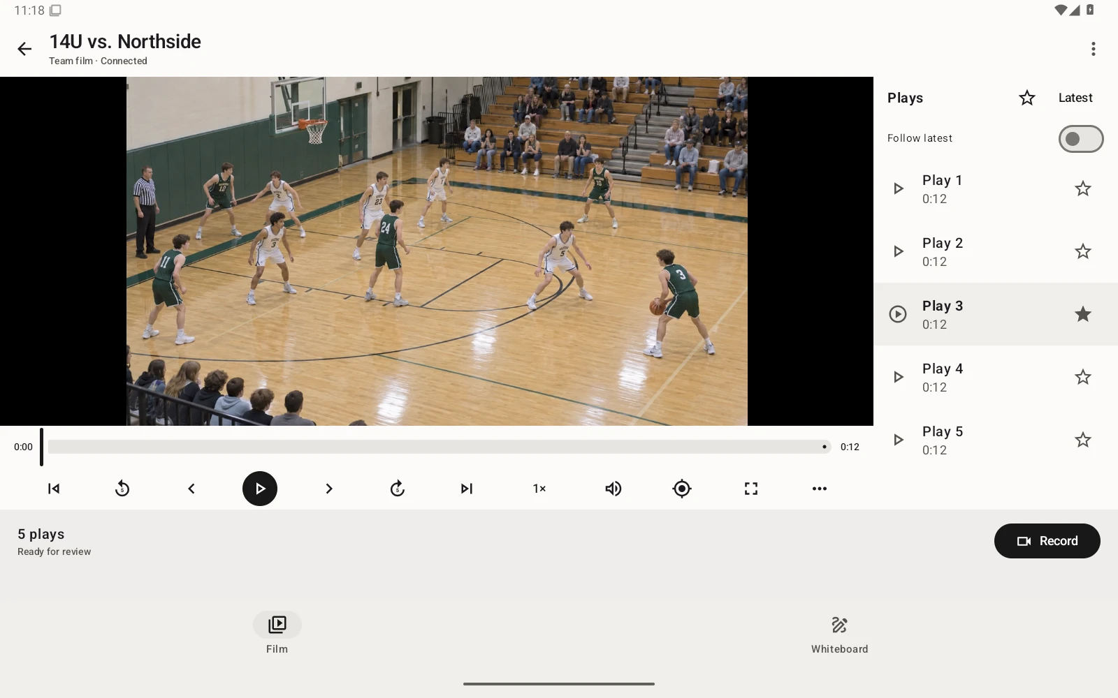 Basketball film and replay controls in Chawlk on a tablet