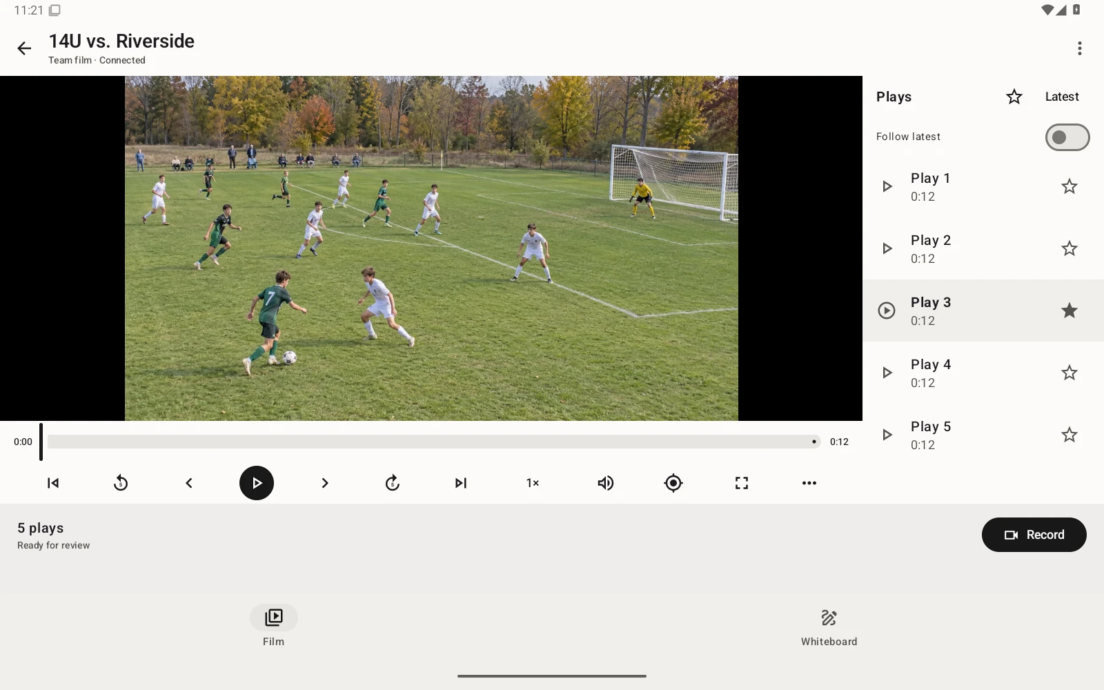 Soccer film and replay controls in Chawlk on a tablet